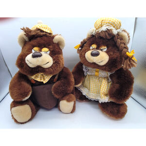 Vintage Couple Bee Int. Hillbilly bears Plush Toy Bear Ma Pa Yellow Gingham 13"
